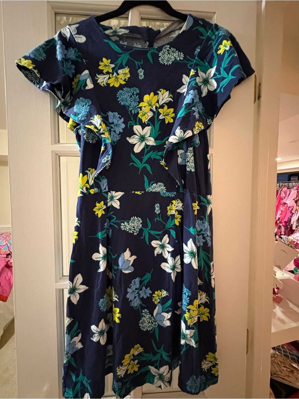 Draper James Navy Floral Ruffle Sleeve Dress - Yellow & White Blooms